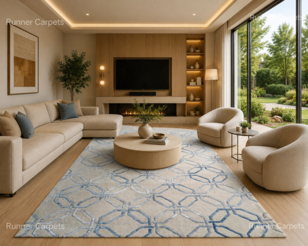 Modern Geometric Area Rug, Beige and Blue Abstract Pattern Rug, Contemporary Living Room Rug, Neutral Bedroom Carpet, Handmade Home Decor